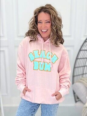 Beach Bum Pink Hoodie with Turquoise Lettering- Size XL
